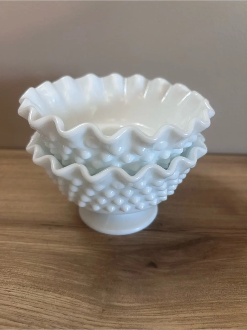 Vintage White Hobnail Ruffled Milk Glass pair candle holders fenton?